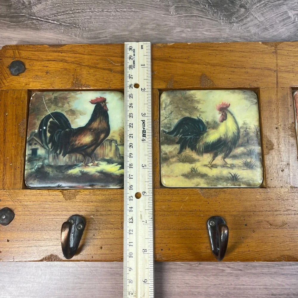 Rooster Wall Rack Wood Ceramic Tile 3 Hook Key Holder Brown Farmhouse Rustic